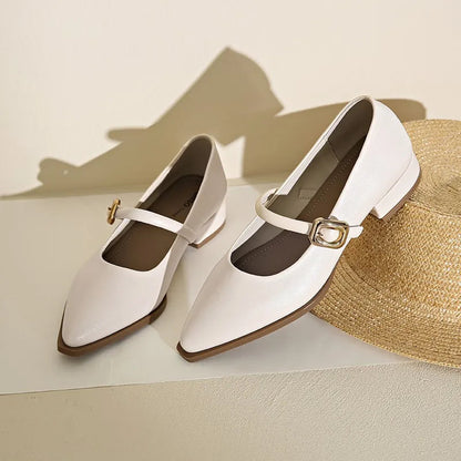 Pointed Toe Loafers Black Brown White Mules Shoes Belt Buckle Shallow Slip on Low Flat Heeled Party Pumps