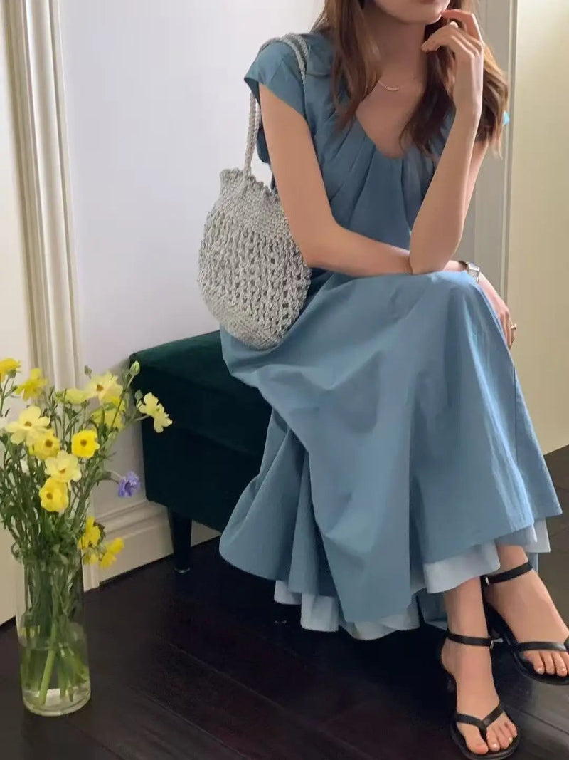 French Retro Patchwork Contrasting Short Sleeved Dress Summer New Design Slimming Waist Long Dresses