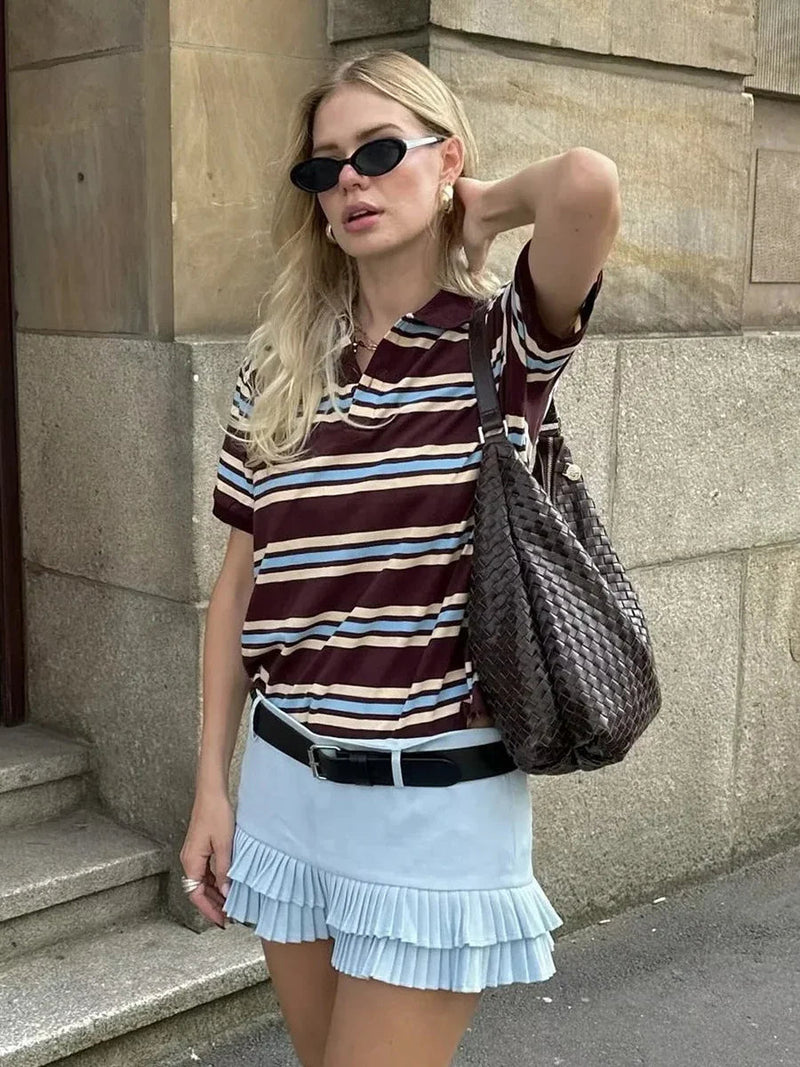 Striped Contrast Short Sleeve T-shirt Buttons Turndown Collar Tee Shirt Spring New Top Tees