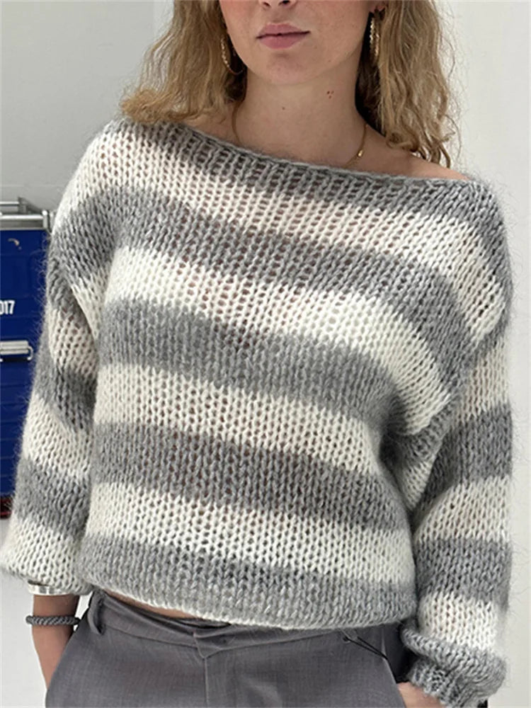 Knit Sweater Pullover Female Striped Hollow Out Loose Contrast Long Sleeve Patchwork Autumn Knitwear ’s Sweater