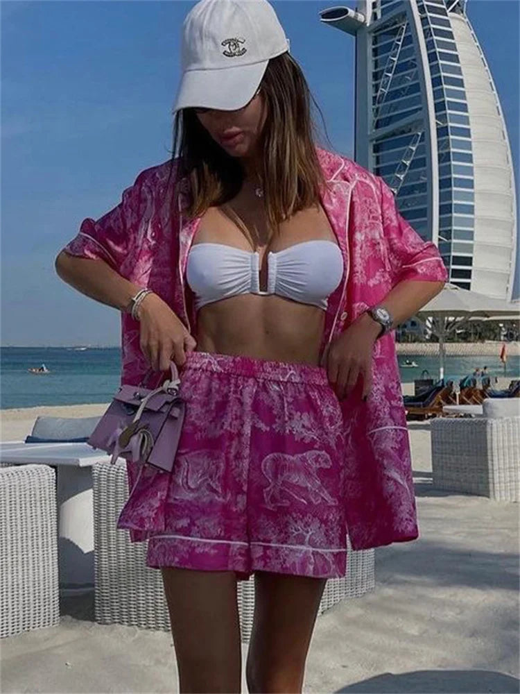 Printed 2 Piece-set Beach Clothes ’s Loose Pocket Lapel Outwear and High Waist Shorts Sets Summer Female Sets