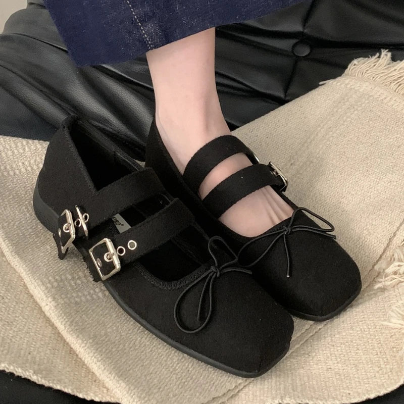 Simple Soft Bottom Buckle Flat Mary Jane Shoes Comfortable Bowknot Square Toe Designer Shoes Backless Loafer Shoes