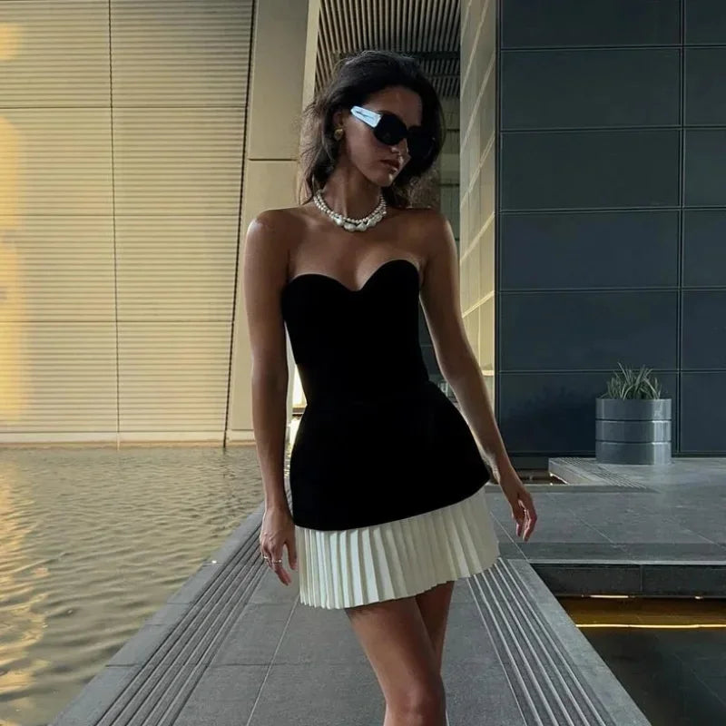 Strapless Velvet Patchwork Pleated Mini Dress Off Shoulder Backless Slim Vestidos New Evening Party Gown