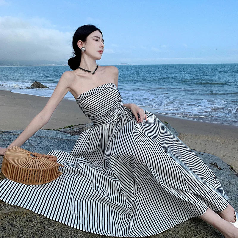 Summer Black White Striped Club Off Shoulder Long Dresses High Waist Backless Pleated Strapless Sundress