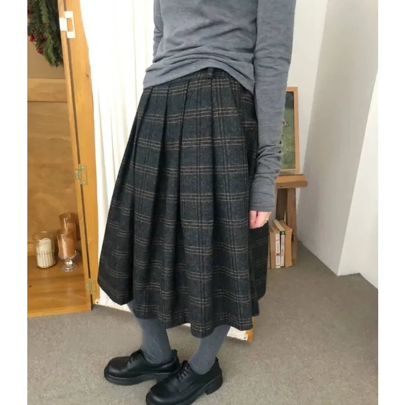 Korean Retro Pleated Loose Kneelength Skirt Spring New High Waist Contrast Color Plaid Tweed Aline Skirt