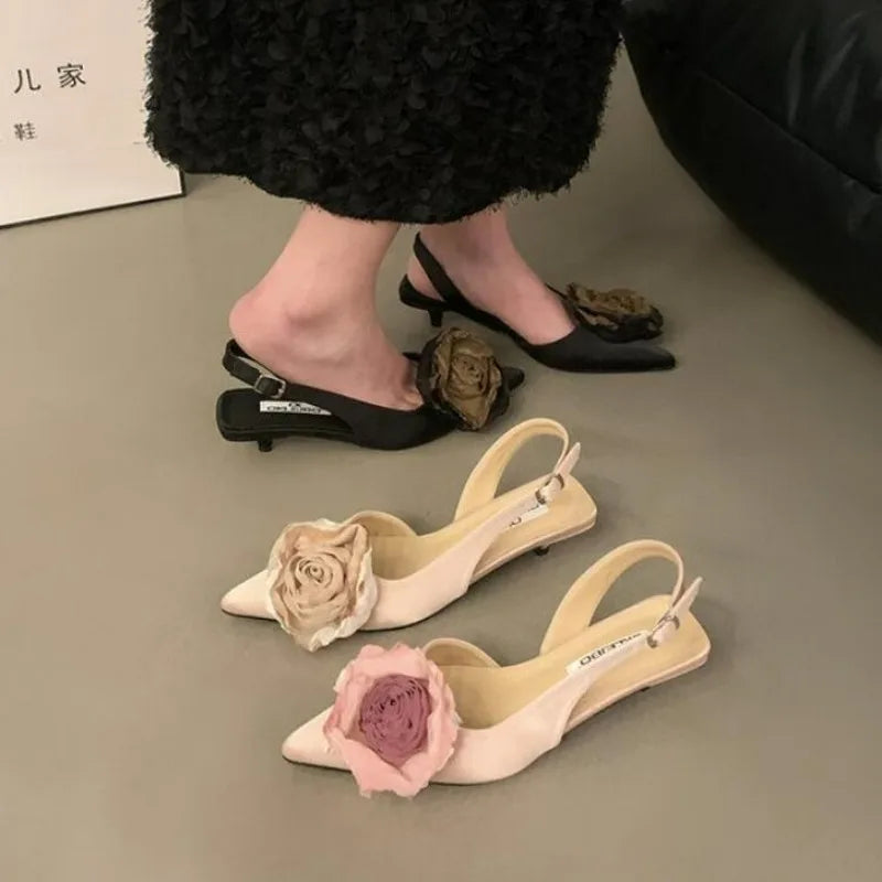 New Flower Designer Sandals Satin Mule Shoes Summer Pointed Toe Pumps Low Heel Flowers Slingback Sandals Female
