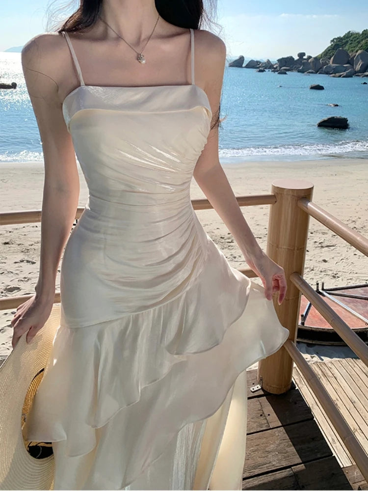 Spring Summer French Spaghetti Strap Long Dresses Female Slim Party Prom Robe One Piece Clothing
