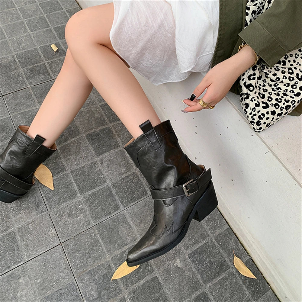 Ankle Boots Genuine Leather Chunky High Heels Shoes for Winter Western Cowboy Short Boots Shoes Woman
