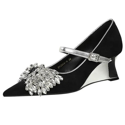 Rhinestone Design Wedge Shoes Shallow Pointed Toe Pumps Female Diamond Butterflyknot High Heels Zapatos De Mujer