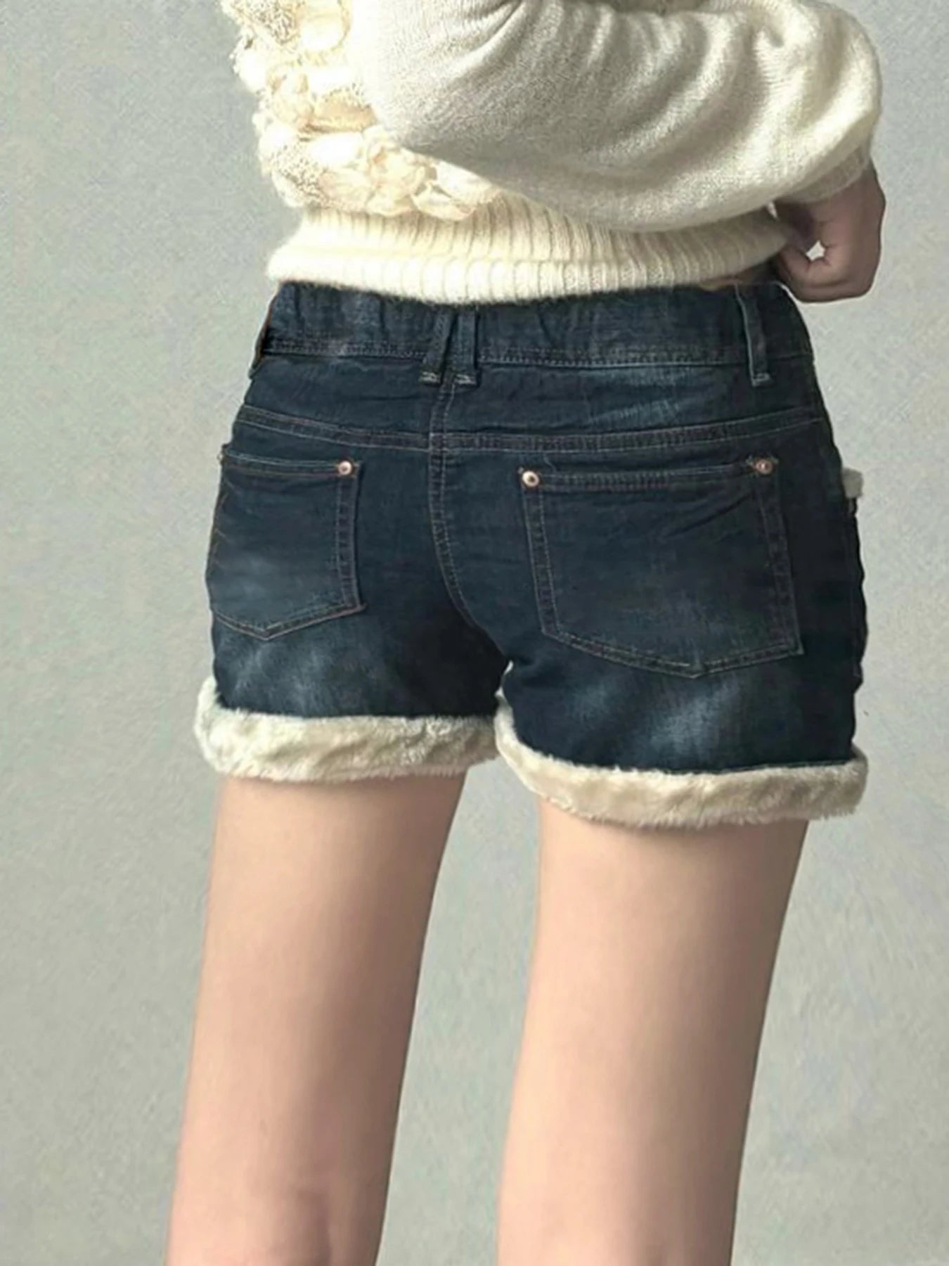 Kawaii Fluffy Trim Mini Jeans Gentle Sweet Style Pants All-match Blue Short Design