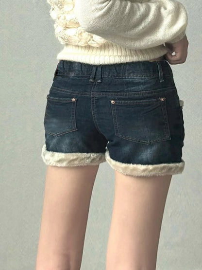 Kawaii Fluffy Trim Mini Jeans Gentle Sweet Style Pants All-match Blue Short Design