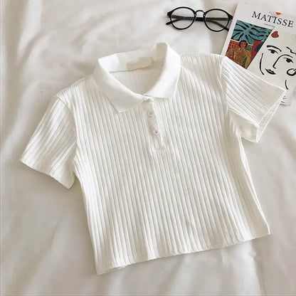 Knit School Polo Neck Cropped Shirt Summer Short Sleeve Youthful Color Crop Top Female Basic Blouse Lady Pullover