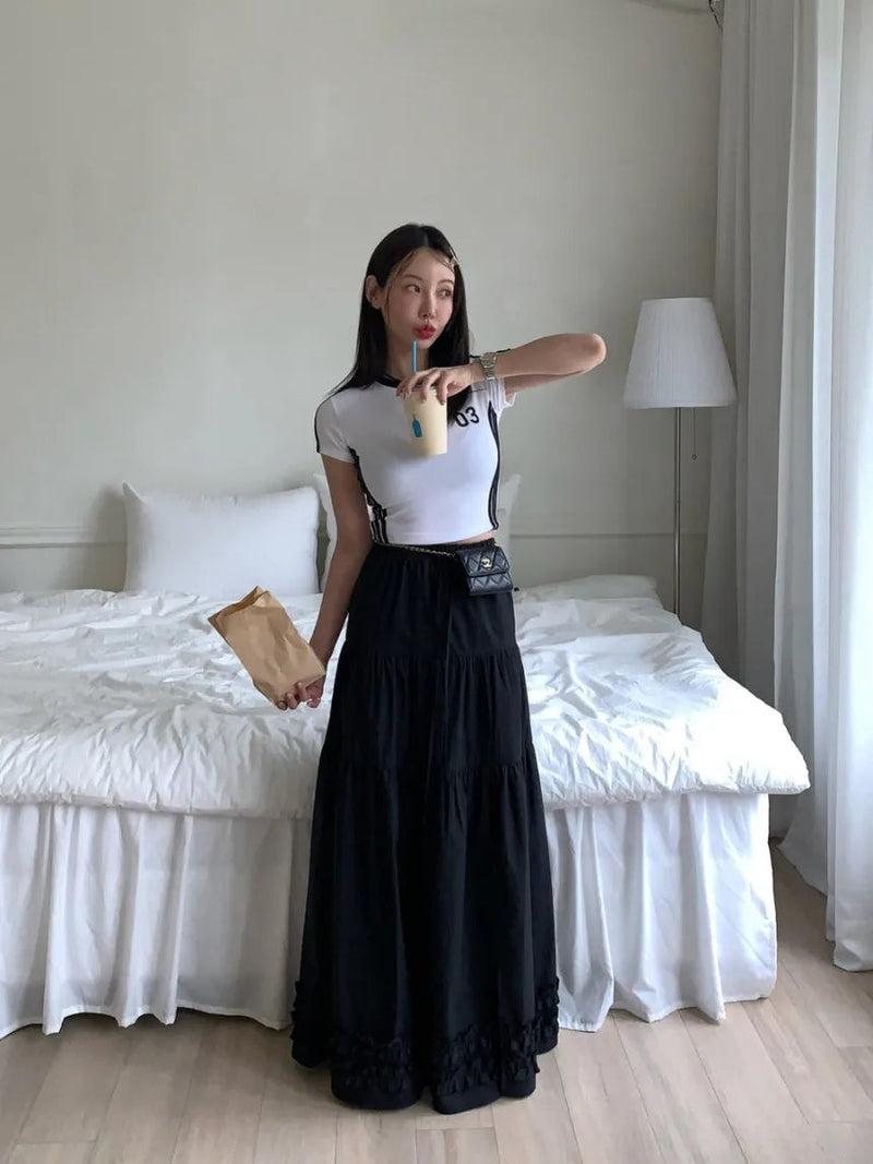 French Style Patchwork Mushroom Edge Split Skirt Summer New Versatile and Personalized Aline Long Skirts