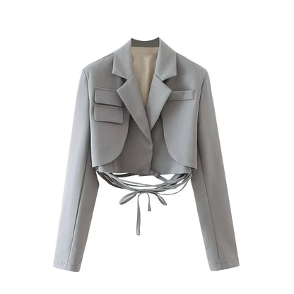 Gray Double Layer Bandage Slim Blazer Desigual Long Sleeve Pocket Short Jacket Female Outwear Crop Tops