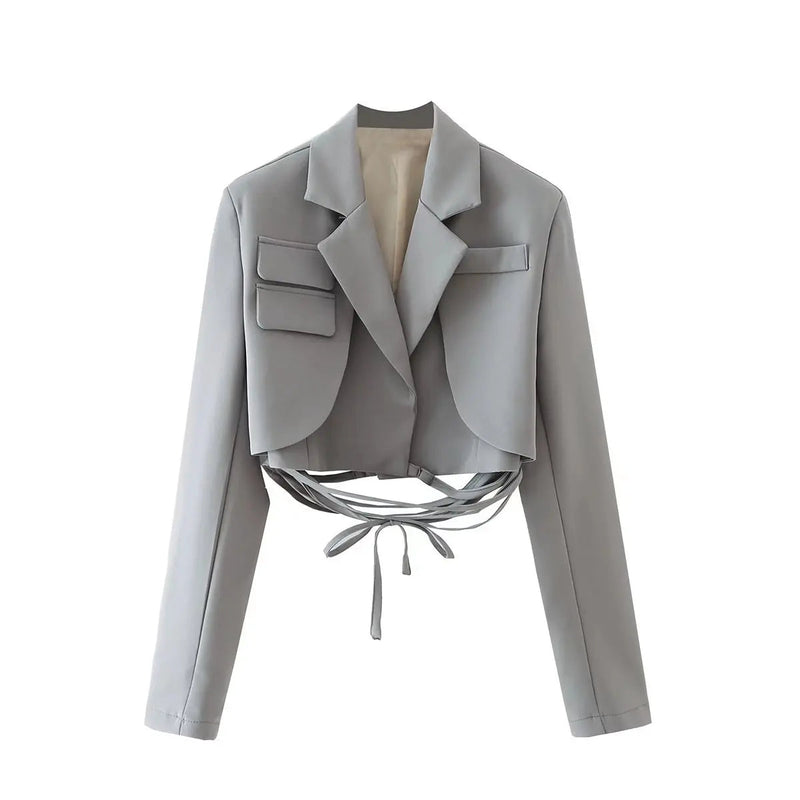 Gray Double Layer Bandage Slim Blazer Desigual Long Sleeve Pocket Short Jacket Female Outwear Crop Tops