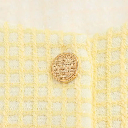 Autumn O Neck Yellow Plaid Tweed Coat Cropped Front Pockets Gold Buttons Short Blazer Jacket