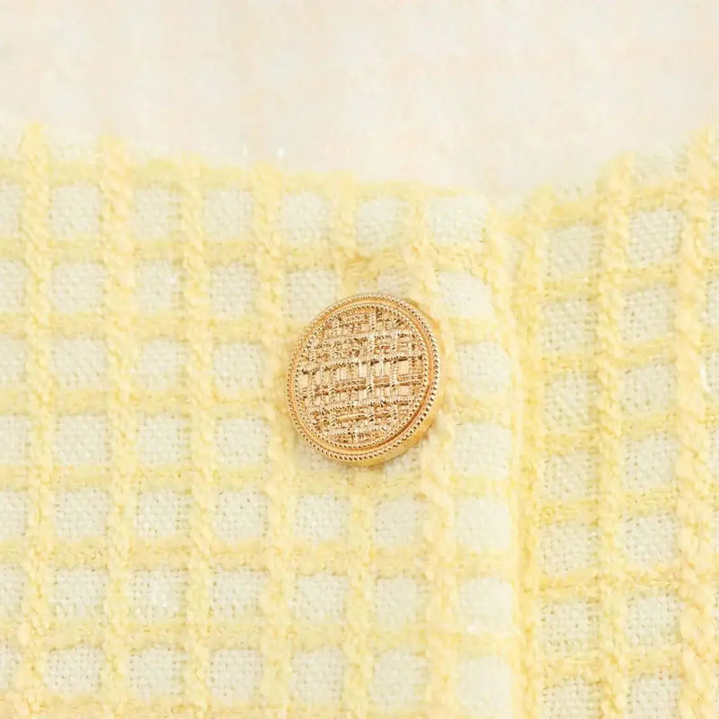 Autumn O Neck Yellow Plaid Tweed Coat Cropped Front Pockets Gold Buttons Short Blazer Jacket