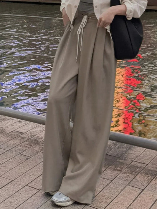 Loose Wide Leg Pants New Spring Summer High Waist Laceup Full Length Trousers Pocket Female