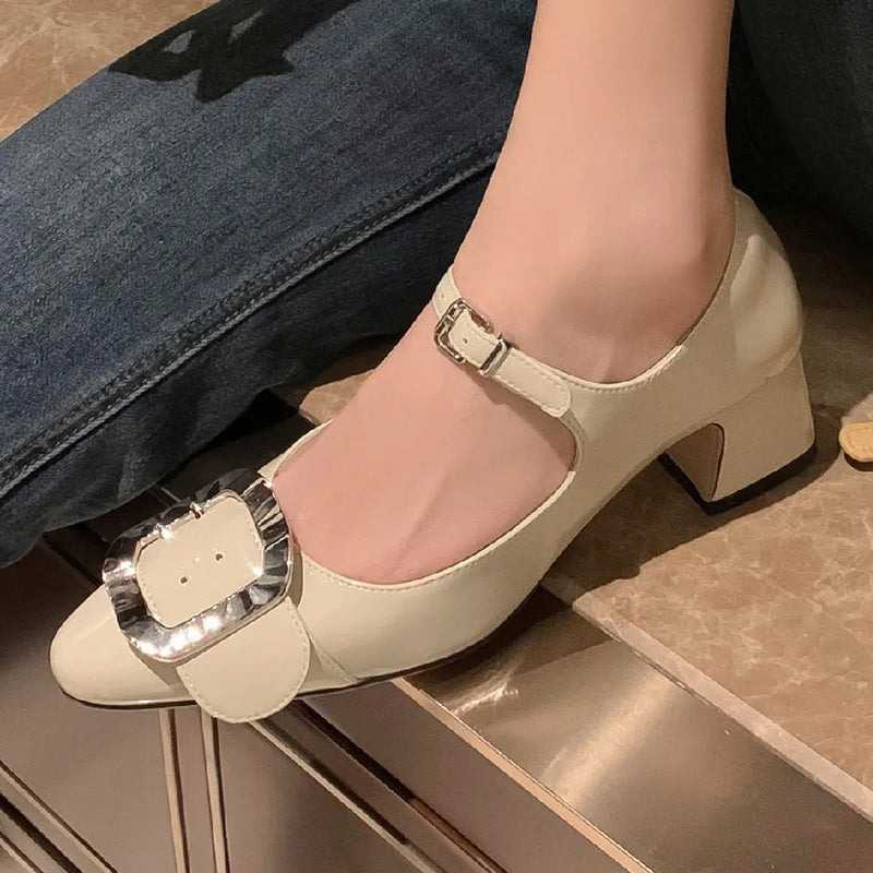 Patent Leather Mary Jane Pumps 5cm Thick Med Heel Round Toe Big Metal Buckle Decoration Heeled Dress Shoes for Hot