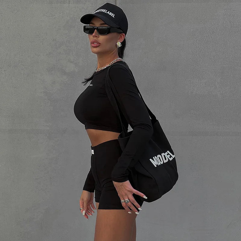 European and American Spring/summer Round Neck Long Short Sleeved 3/4 Shorts Two Piece ’s Sports Versatile Set