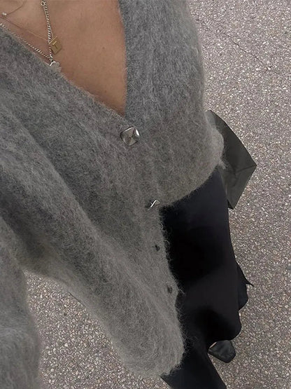 Knitted Cardigans Single Breasted V-neck Loose Long Sleeve Sweater Winter Gray All-match Coat Tops