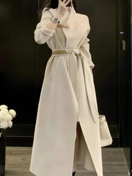 Winter Woolen Coat New Loose Outerwear Long Jackets With Belted Female Overcoats