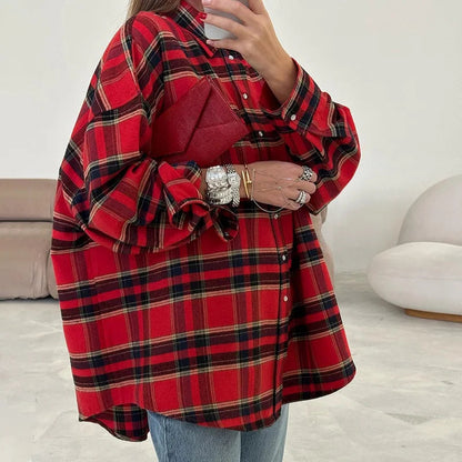 Single Breasted Lapel Shirts Spring Plaid Print Loose Office Blouses New Autumn Long Sleeve Long Top Jacket