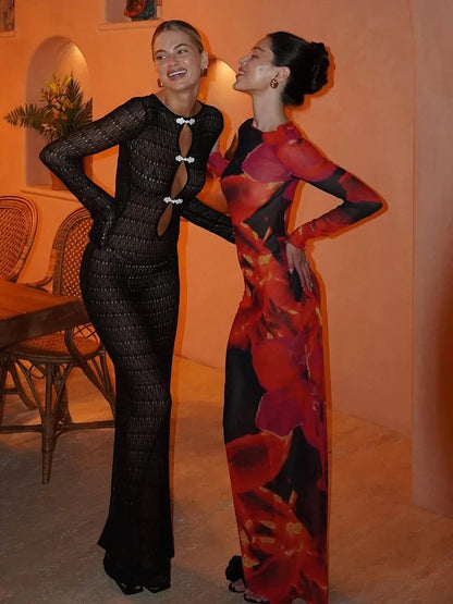 Hollow Slit Long Dress ’s Beach Cover-up Dress Floor-length Backless Mermaid Evening Gown Knit Dress