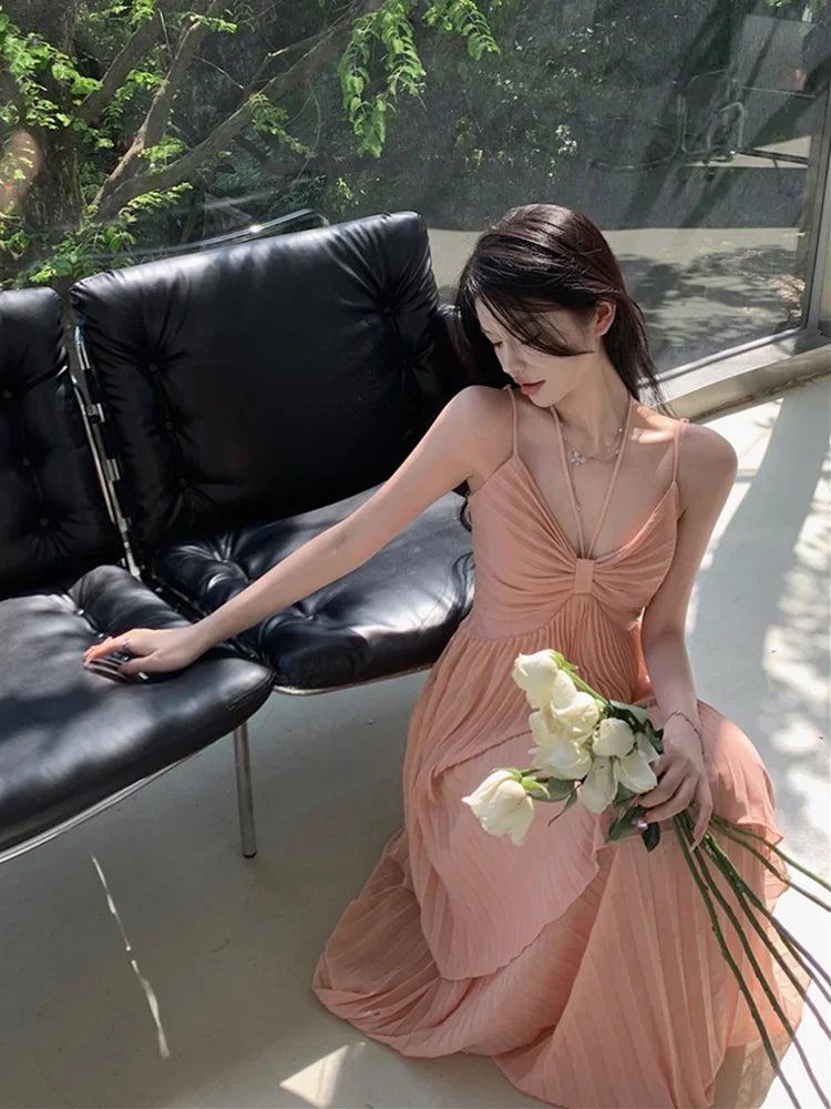 Pleated Maxi Dress for Spaghetti Strap Halter Vacation Robe Style Summer Birthday Dresses Clothes