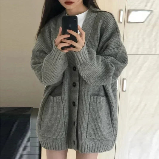Autumn Winter Cardigan Sweater Coats Female Long Sleeve V-neck Loose Knitted Jackets Sweater Cardigans