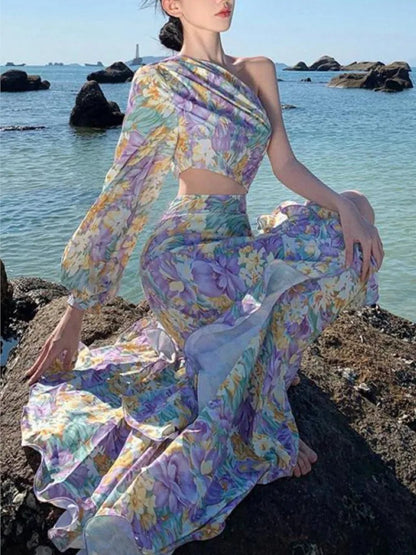 Purple Print Club Slanted One Shoulder Slim Ruffles Long Dress Summer Long Sleeve Party Evening Dress