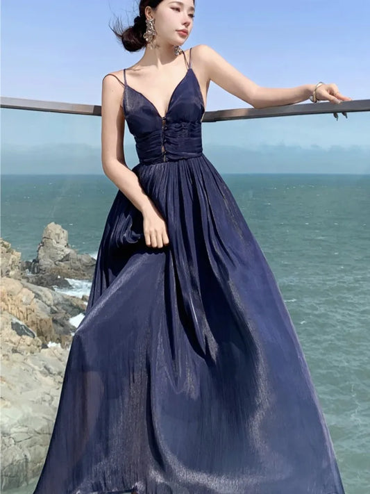 Summer New Spaghetti Strap Long Dresses for V-neck A-line Evening Party Dress Backless Prom Robe One Piece Vestido Mujer