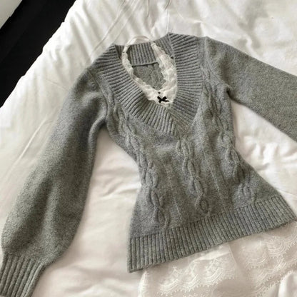 Vneck Gray Allmatch Knitted Pullover Autumn New Bottoming Tops Y2k Slimfit Long Sleeve Sweaters Mujer