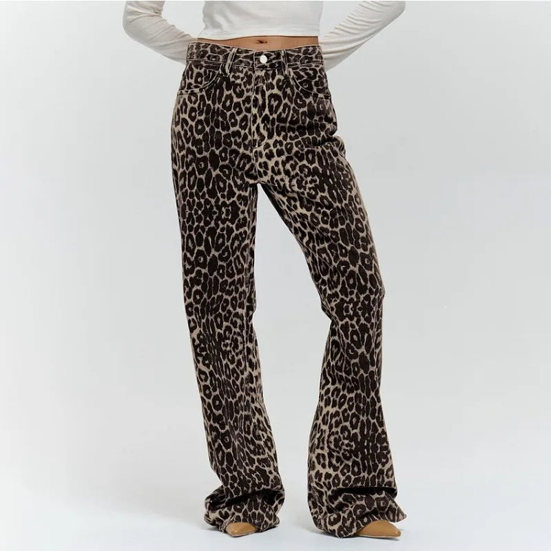 Y2k Leopard Jeans Woman Baggy Spring Harajuku Denim Pants Korean Causal Trousers Aesthetic