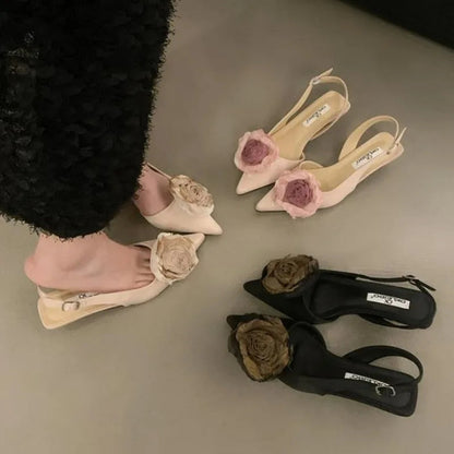 New Flower Designer Sandals Satin Mule Shoes Summer Pointed Toe Pumps Low Heel Flowers Slingback Sandals Female