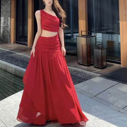Fairy Beach Style Aline Maxi Dresses for Sleeveless One Shoulder Crop Ruffles Y2k Party Long Dress Vestidos