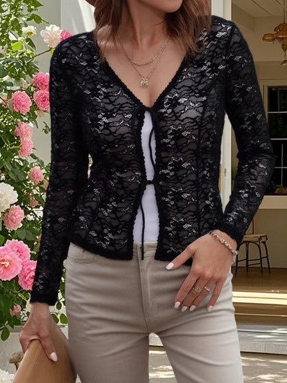 Lace Trimmed V-neck Blouse With Tie Front Detail and Long Sleeves - Stylish S Shirt for Street Style