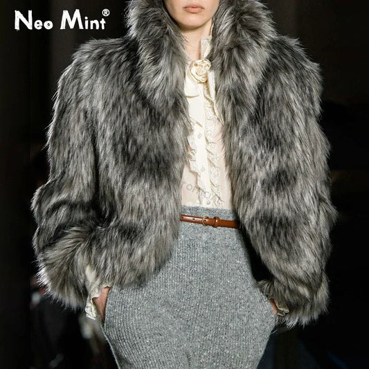 Brand Runway Fluffy Faux Fur Coat Luxurious Fox Fur Stand Collar Short Jacket Winter Overcoat