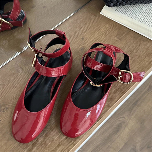 New Design Narrow Band Buckle Strap Flats Shoes Round Toe Party Dress Shoes Big Size 43