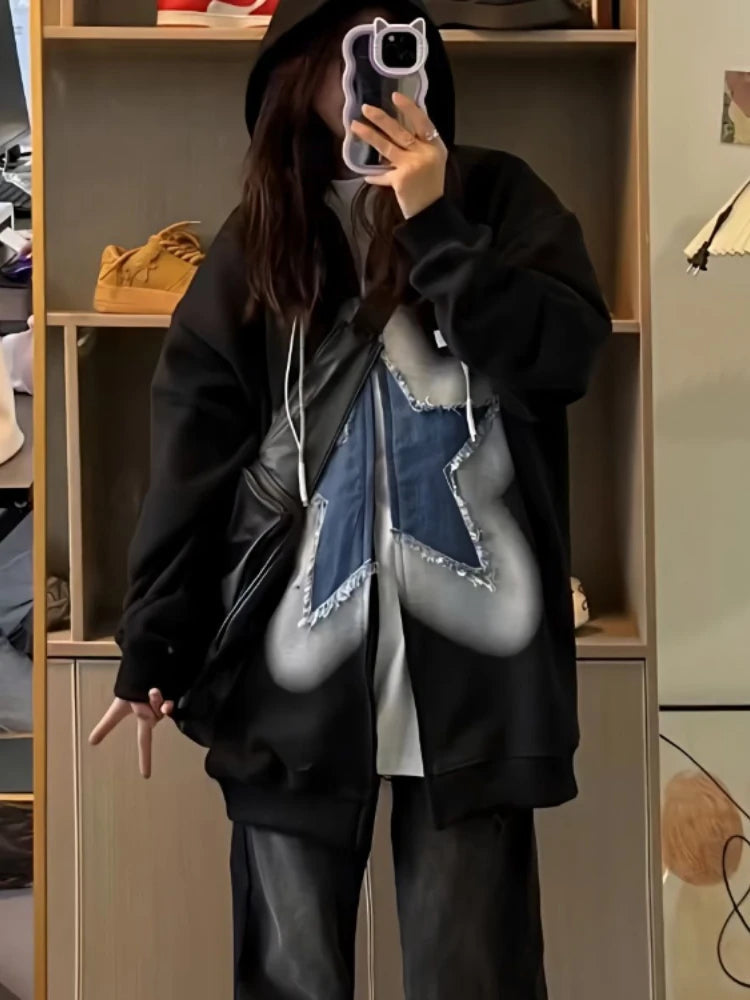 Y2k Zip Up Hoodie Sweet Star Graphics Sweatshirts Red Oversized Sport Coat Grunge Female Harajuku Clothes
