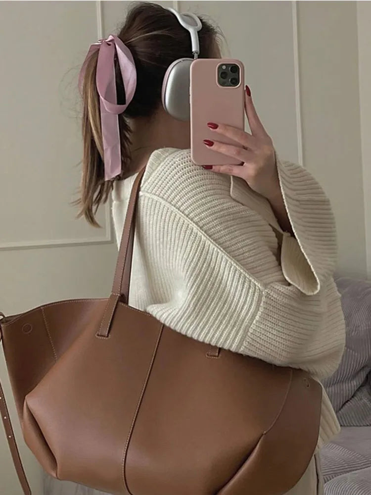 Split Hem Round Neck Sweater Flare Long Sleeves Loose Knitted Pullover Lady Warm Commuting Tops
