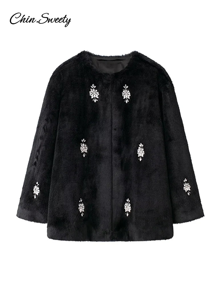 Jewelry Fur Coat Winter Black Plush O-neck Long Sleeve Loose Jacket Female Warm Thicken Lady Overcoat