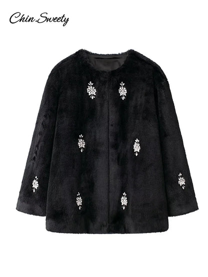 Jewelry Fur Coat Winter Black Plush O-neck Long Sleeve Loose Jacket Female Warm Thicken Lady Overcoat