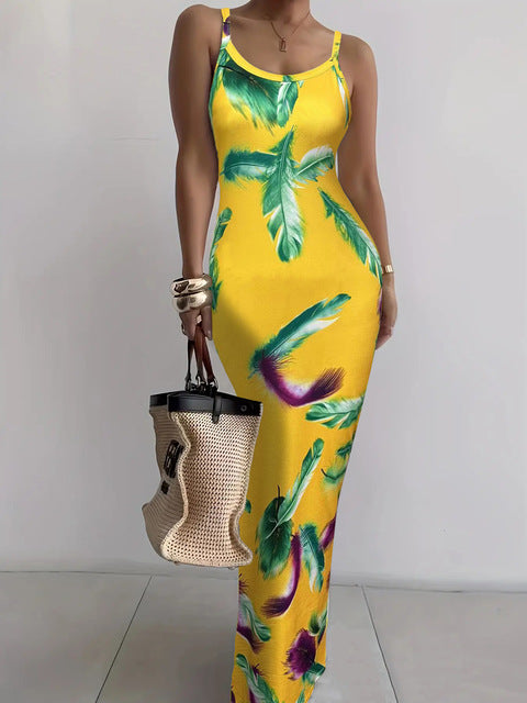 Color Tie Dye Print Spaghetti Strap Long Dresses Package Hip Bodycon Dress Female Club Vestidos