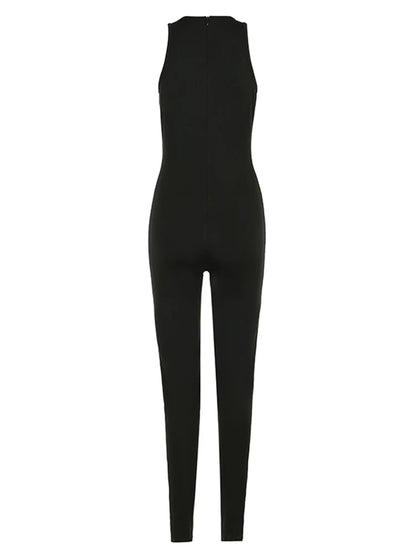 Black Sleeveless Skinny Vest Jumpsuits for Gray O Neck Simple Basic Summer Sports Overalls