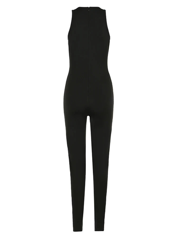 Black Sleeveless Skinny Vest Jumpsuits for Gray O Neck Simple Basic Summer Sports Overalls