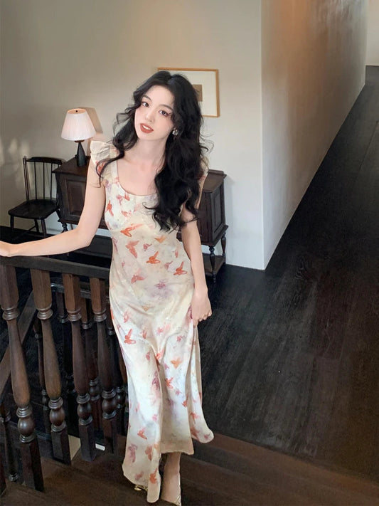 Summer French Midi Dress Office Lady Y2k Causal Retro Party Dress Korean Print Slim Dress New