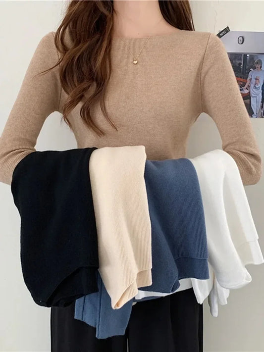 Ribbed Sweater Knitted Soft Pullovers Jumpers Basic Soft Long Sleeve Sweaters for Autumn Winter Tops