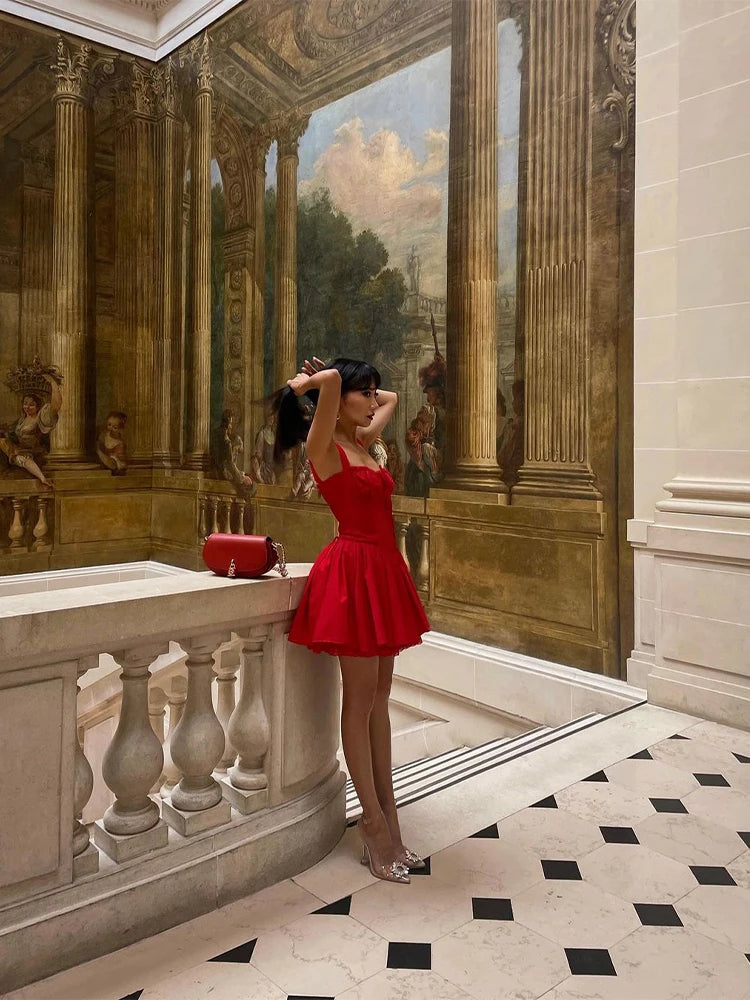 Red Lace Up Mini Dress for Pleated Sleeveless a Line Dresses Autumn Party Evening Short Gown