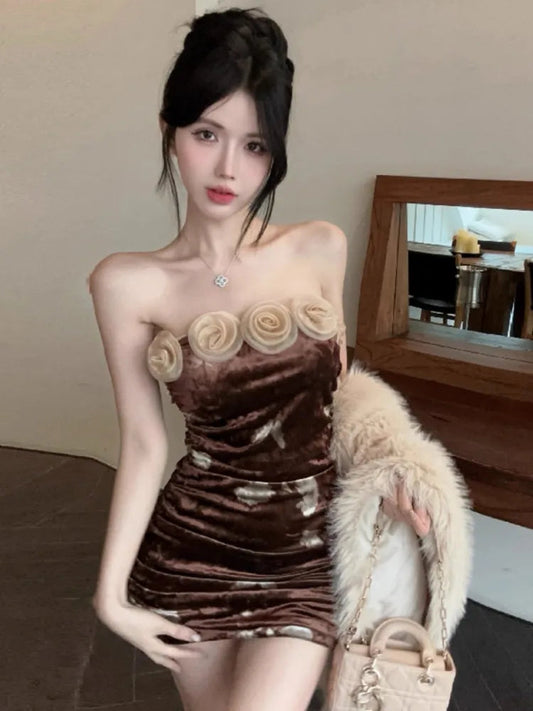 Mini Dresses Flowers Strapless Flowers Slash Neck Off Shoulder Slim Backless Party Dress Club Female